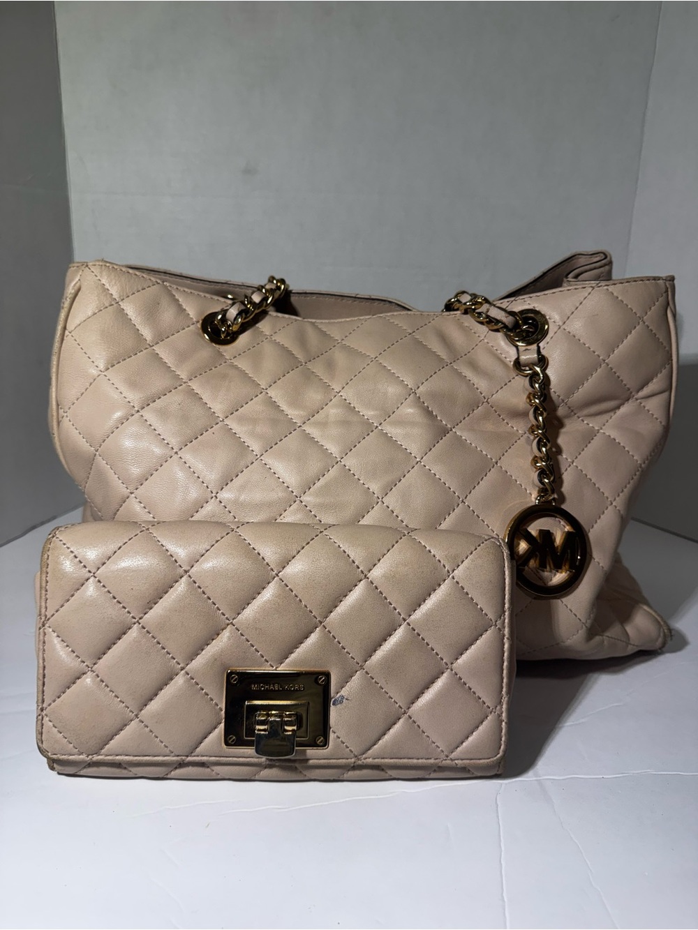 Michael Kors Quilted Beige Satchel and Matching Wallet Set